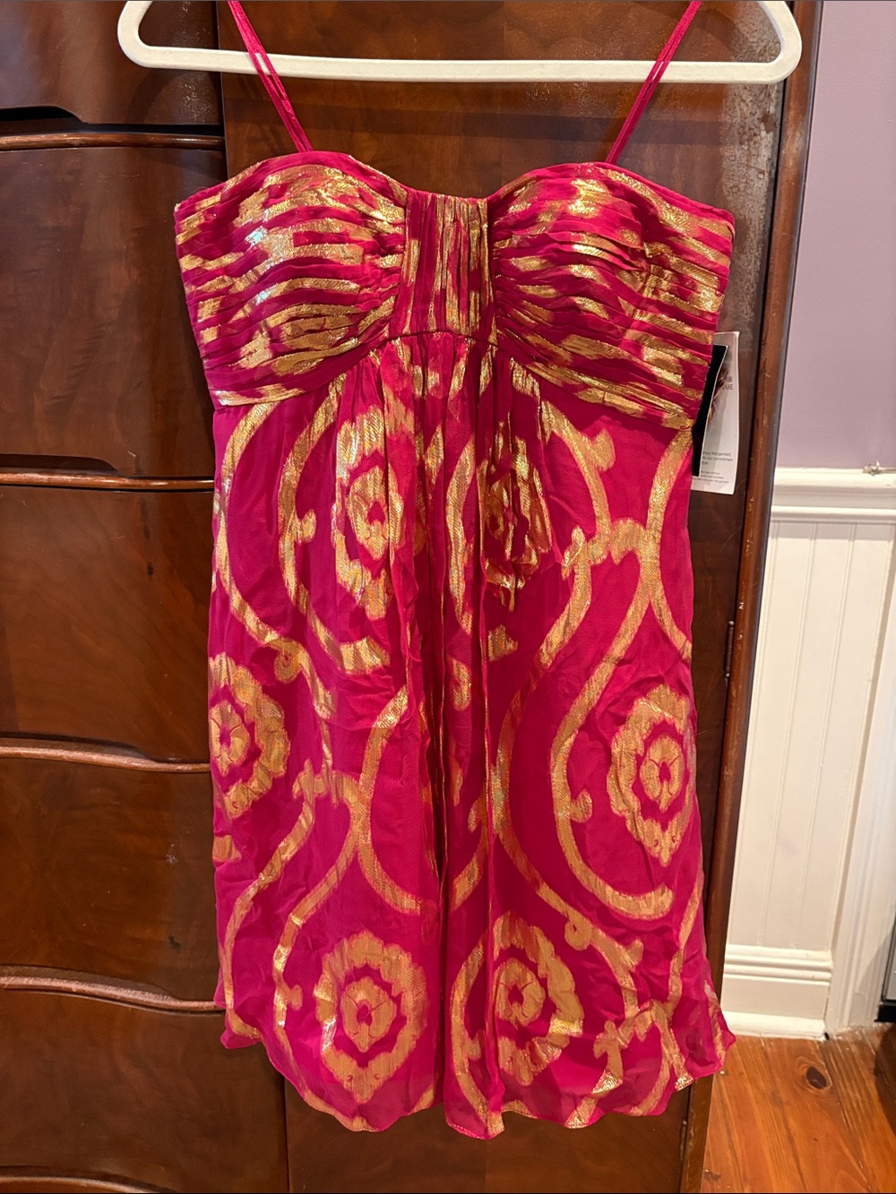 Strapless Fuchsia Dress with Gold Print